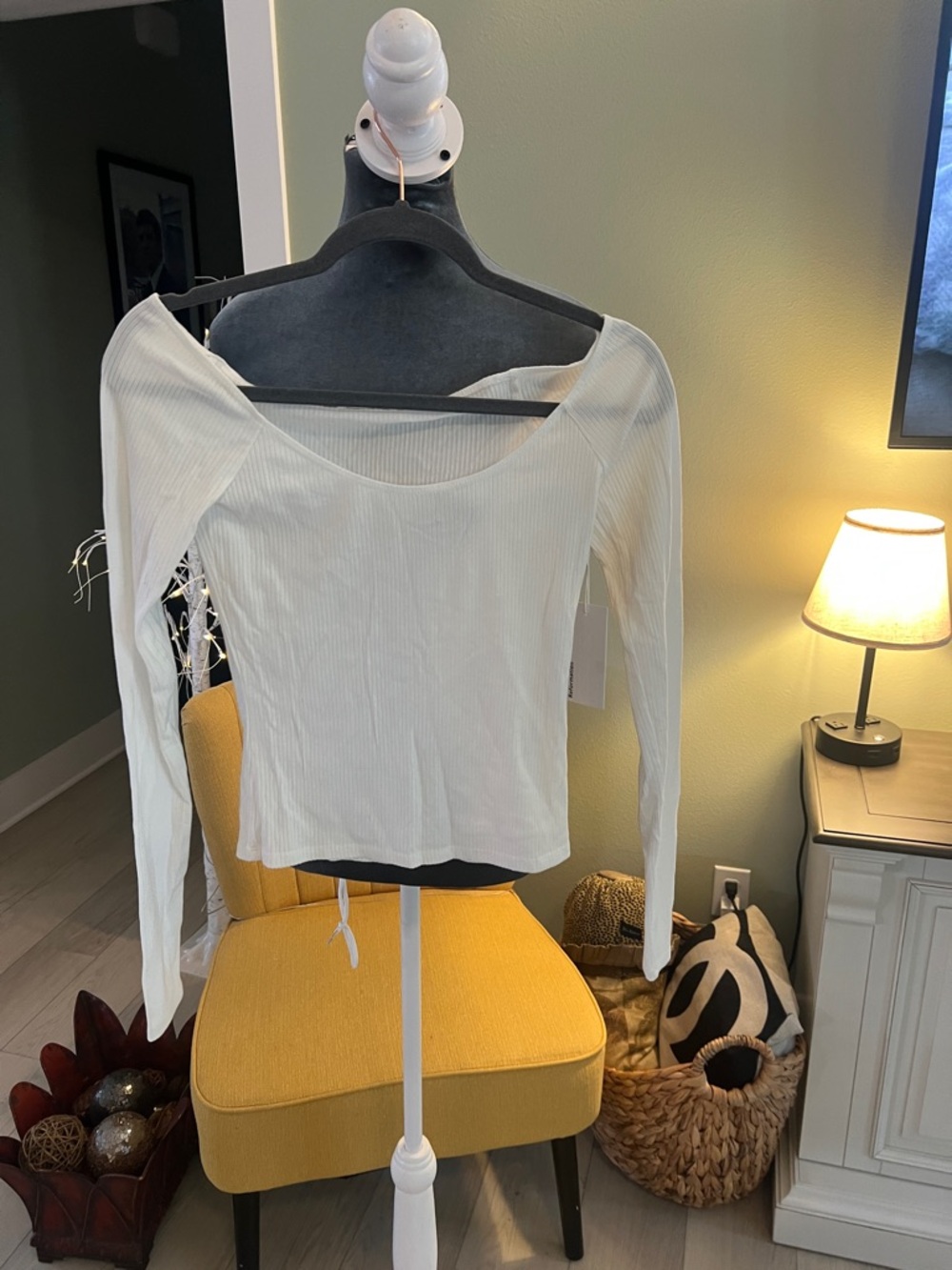 Reformation White Ribbed Long-Sleeve Scoop Top